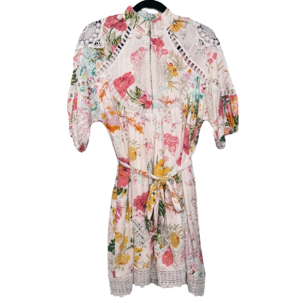 Ciebon Women's Size S High Neck Belted Mini Dress Cream Pink Summer Floral Lace